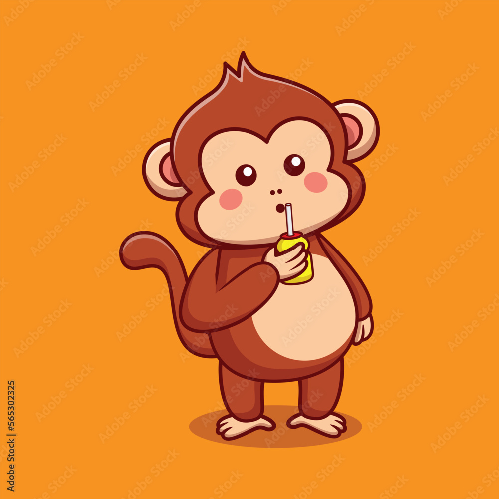 Fototapeta premium Cute monkey drink banana milk cartoon vector icon illustration. kawaii animal icon