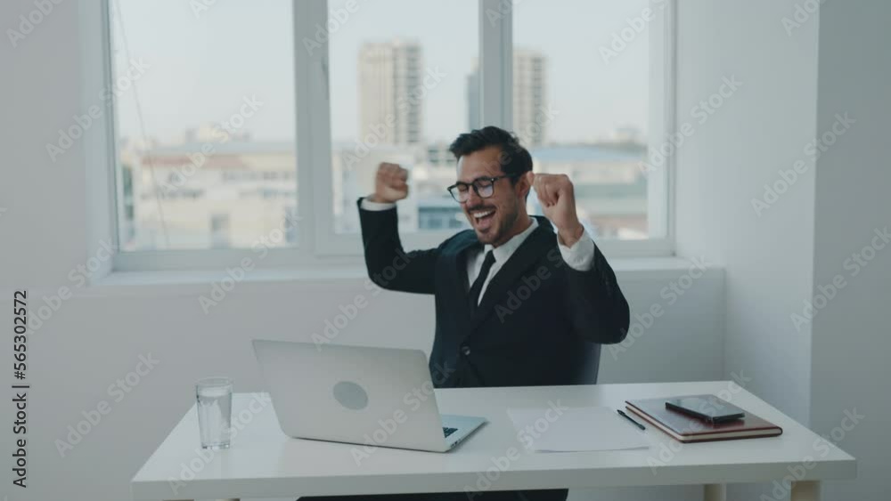 Man business smile and happiness dance winner, successful news, working in office at laptop, workday and paperwork, technology and online.