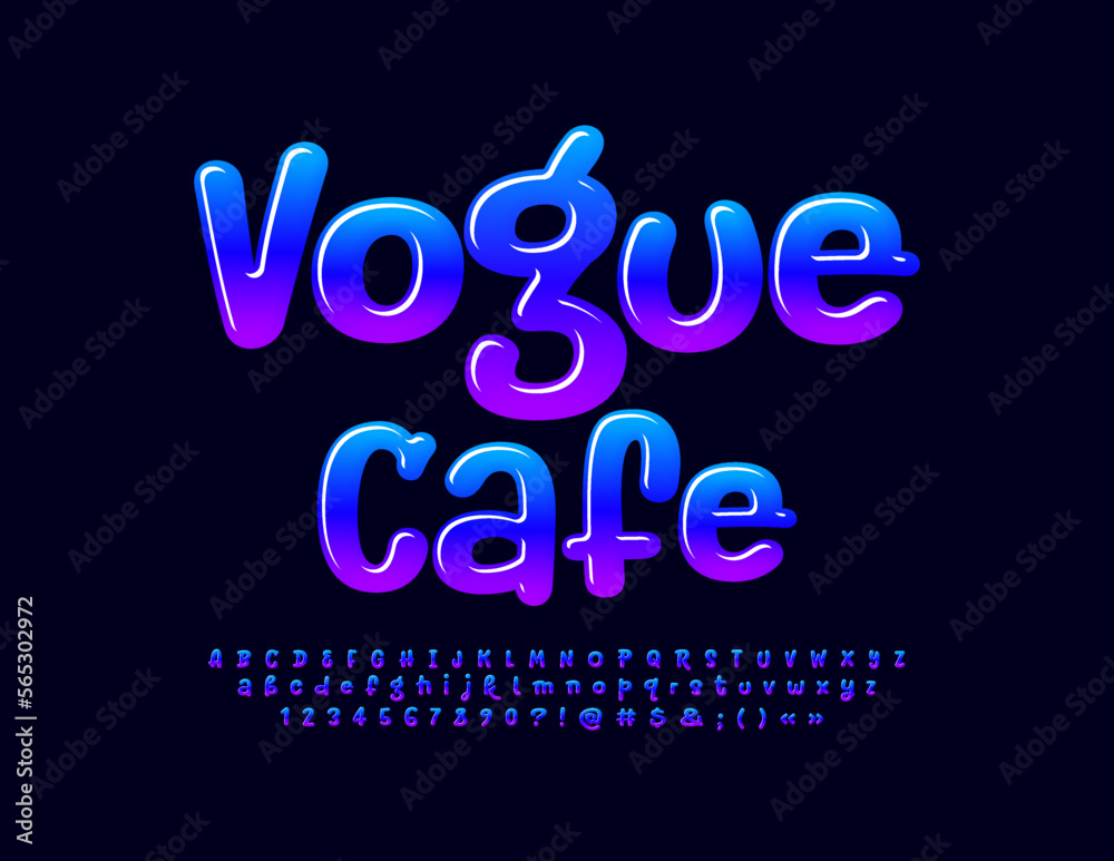 Vector playful Emblem Vogue Cafe. Funny Glossy Font. Modern handwritten Alphabet Letters, Numbers and Symbols.