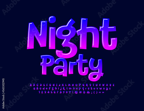Vector playful Emblem Night Party. Modern stylish Font. Glossy set of Alphabet Letters and Numbers