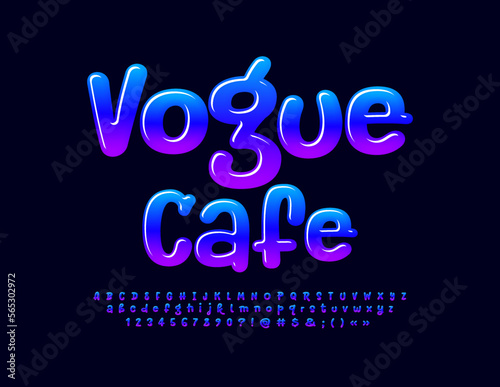 Vector playful Emblem Vogue Cafe. Funny Glossy Font. Modern handwritten Alphabet Letters, Numbers and Symbols.