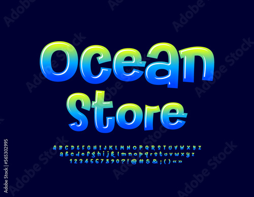Vector advertising banner Ocean Store. Bright Glossy Font. Trendy Alphabet Letters and Numbers
