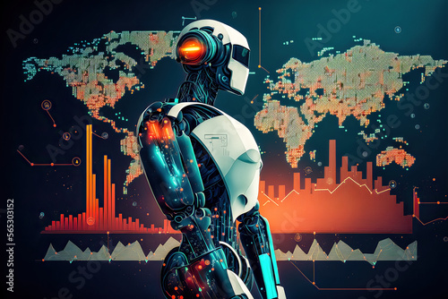 Roboter erkl  rt AI mit Charts Future Digital Art Hintergrund Background Generative ai Illustration Chart Whiteboard Demo Brainstorming