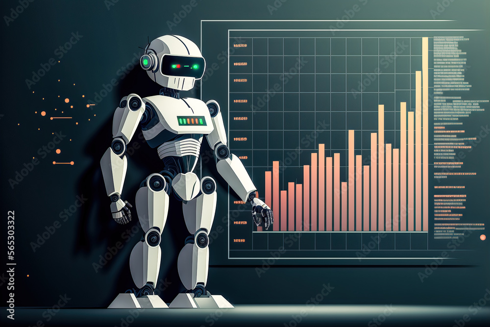 Roboter erklärt AI mit Charts Future Digital Art Hintergrund Background Generative ai Illustration Chart Whiteboard Demo Brainstorming