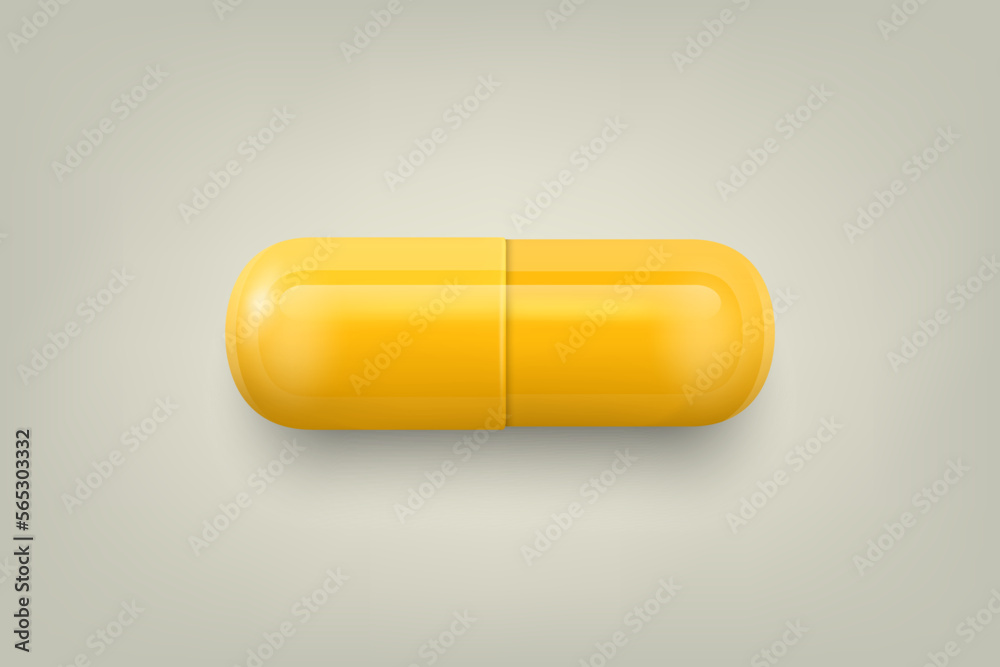 Vector 3d Realistic Yellow Pharmaceutical Medical Pill, Capsule, Tablet on White Background. Front View. Copy Space. Medicine, Health Concept