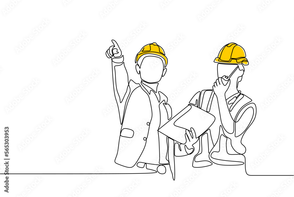 Single continuous line drawing of young construction manager giving instruction to builder coordinator at site meeting. Building architecture business concept. One line draw design vector Single continuous line drawing of young construction manager giving instruction to builder coordinator at site meeting. Building architecture business concept. One line draw design vector