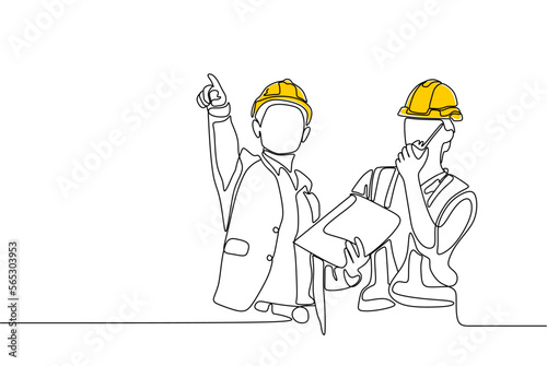 Single continuous line drawing of young construction manager giving instruction to builder coordinator at site meeting. Building architecture business concept. One line draw design vector