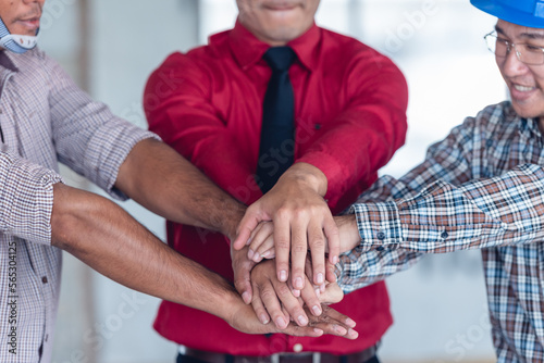 Group of Engineer United Hands or join hand teamwork together with Spirit diversity solidarity team Partner. Joins hands together teamwork meetings empower.