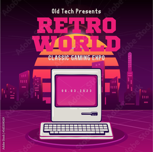 Retro Gaming Social media post template with vintage PC. Classic Games Expo invitation card design. Stock vector poster graphics