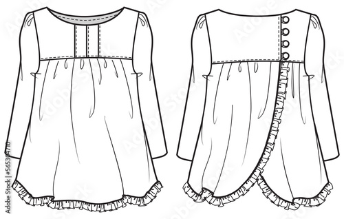 girls long sleeve ruffle hem dress flat sketch vector illustration front and back view technical cad drawing template