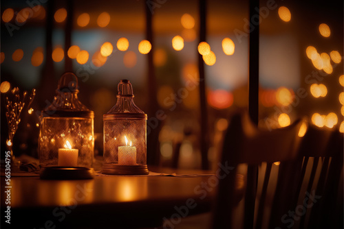 a romantic luxury restaurant decorated in Saint Valentine's Day with candles and lights. Generative ai.