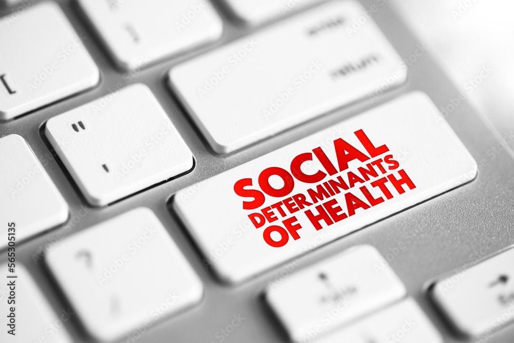Social determinants of health - economic and social conditions that influence individual and group differences in health status, text concept button on keyboard - obrazy, fototapety, plakaty 