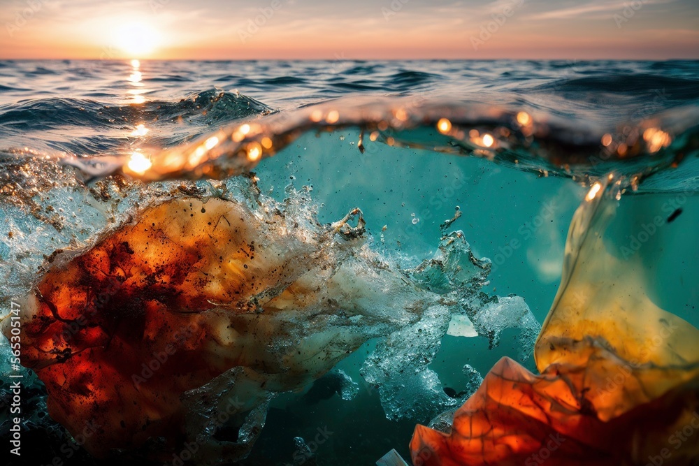 Illustration photo of the sea when sun is shining at the surface, under the sea swims plastic waste 