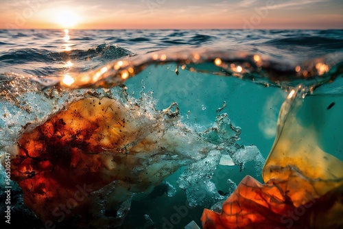 Illustration photo of the sea when sun is shining at the surface, under the sea swims plastic waste  © Andreas