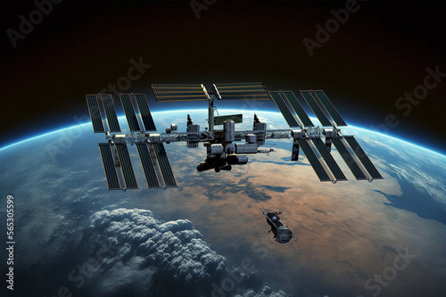 International Space Station ISS Orbiting over Earth. 3D Illustration.
