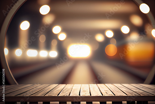 Bokeh background image foreground of an old wooden table, out of focus, ready for editing for product display. generative ai. photo