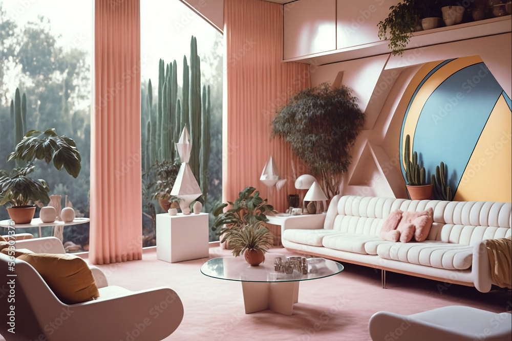 Retro Futura 1970s Living Room with White and Pastel Pink Colors with ...