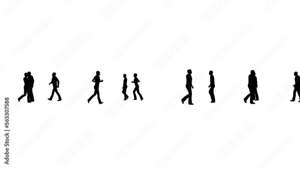 Silhouettes of people are walking on a white background
