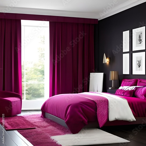 Bedroom in dark tone burgundy and viva magenta color trend 2023 year