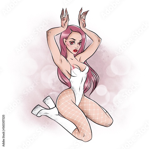 Beautiful nasty kinky dirty girl bunny or kitten in vitage pin up style hand drawn illustration photo