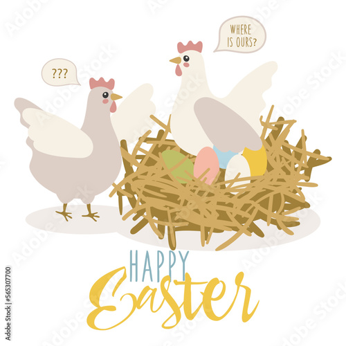 Easter funny postcard with the image of chickens in a nest with painted eggs. Where are ours. Design elements for postcards, flyers, banners, flyers. Delicate shades, cute illustration. Vector