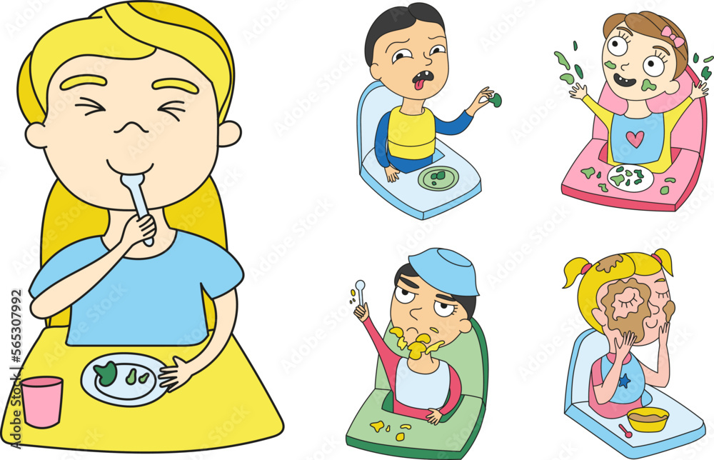 Feeding babies sitting in the highchair hand drawn vector illustration Feeding babies sitting in the highchair hand drawn vector illustration