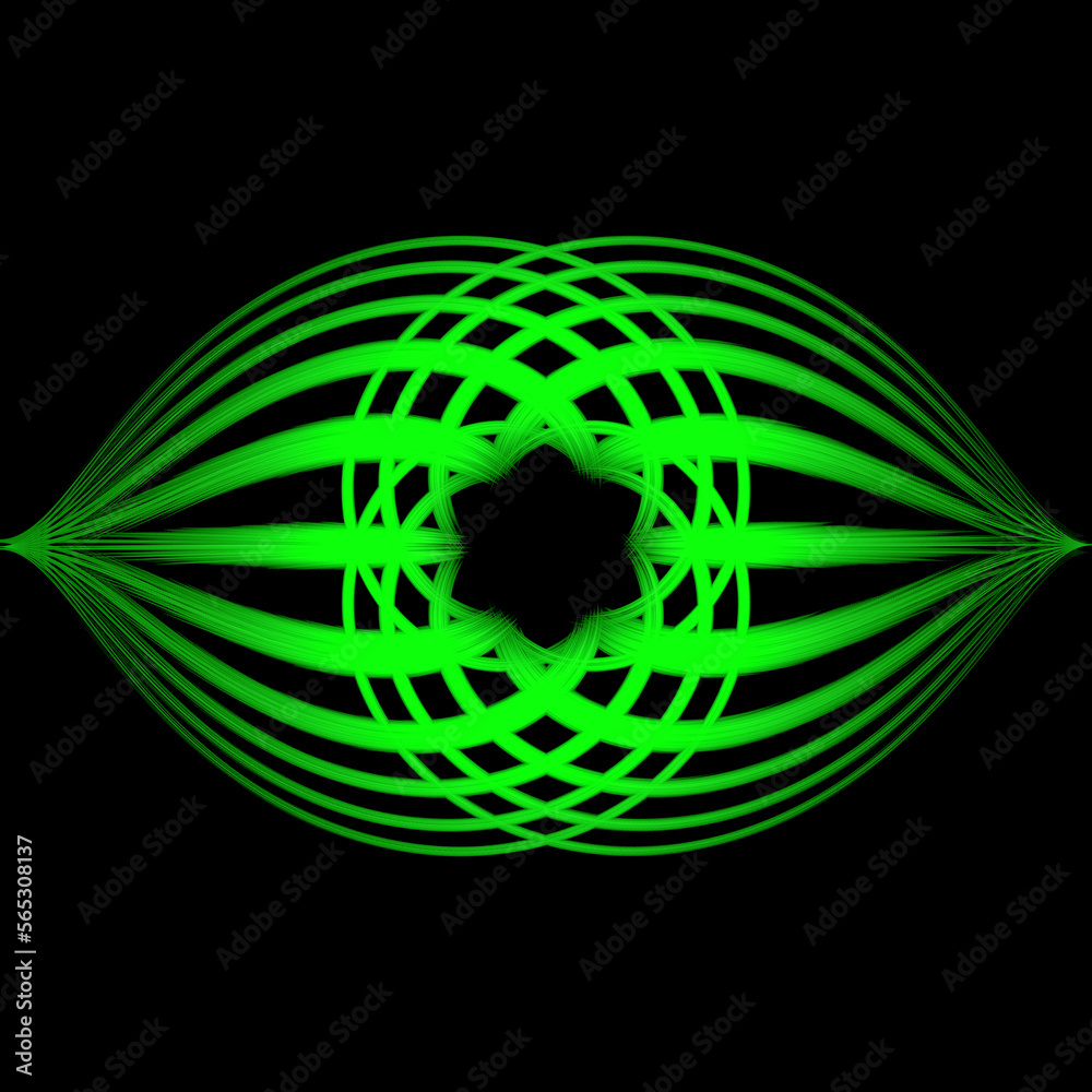 Naklejka premium Magic Circles, fantasy pattern, light painting in neon green with black background for background, logo or texture