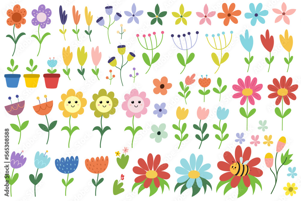 custom made wallpaper toronto digitalDoodle flowers big collection in cartoon style. Plants and flowers with leaves bundle. Colorful floral set. Vector illustration