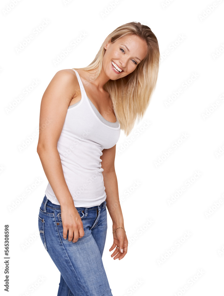 Obraz premium Portrait of a beautiful young woman in casual wear smiling at the camera Isolated on a PNG background.