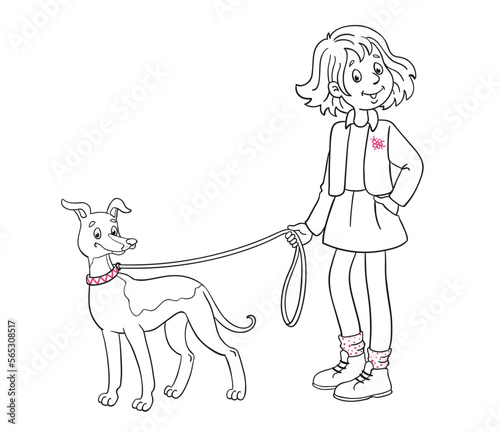 Cute girl with a funny whippet dog. Black and white picture with pink details. In cartoon style. For coloring book. Isolated on white background. Vector illustration