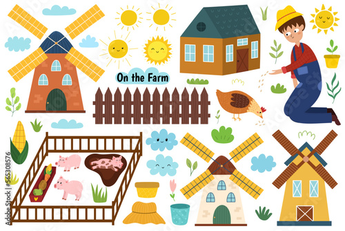 Farm set with cute animals and kids farmers. Countryside life elements collection in cartoon style. Boy feeding a hen, pigs in pigsty, windmills  and other elements. Vector illustration