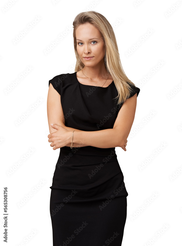 Portrait of a  beautiful young woman standing with her arms folded while looking at the camera Isolated on a PNG background.