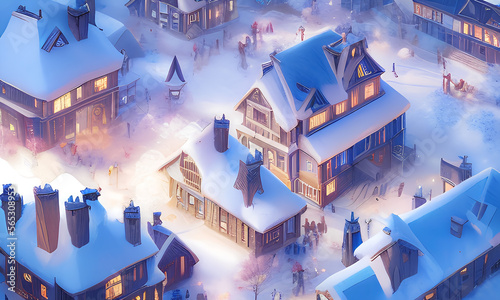 Aerial View from Above of Winter Village  Generative AI Digital Illustration