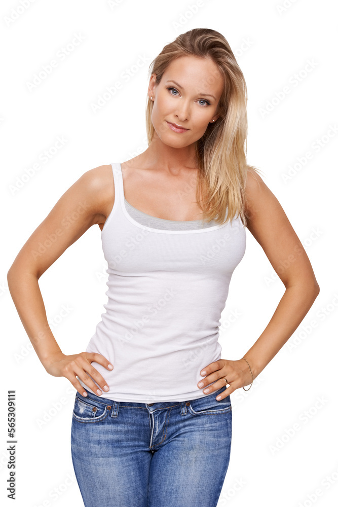 A gorgeous young woman standing with her hands on her hips Isolated on a PNG background. A gorgeous young woman standing with her hands on her hips Isolated on a PNG background.