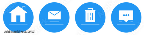 Home icon, mail icon, delete icon or trashcan icon, speech buble icon, icon set blue solid color