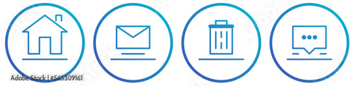 Home icon, mail icon, delete icon or trashcan icon, speech buble icon, icon set outline with blue gradient square 