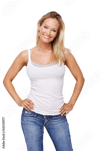 Portrait of a gorgeous young woman with her hands on her hips Isolated on a PNG background.