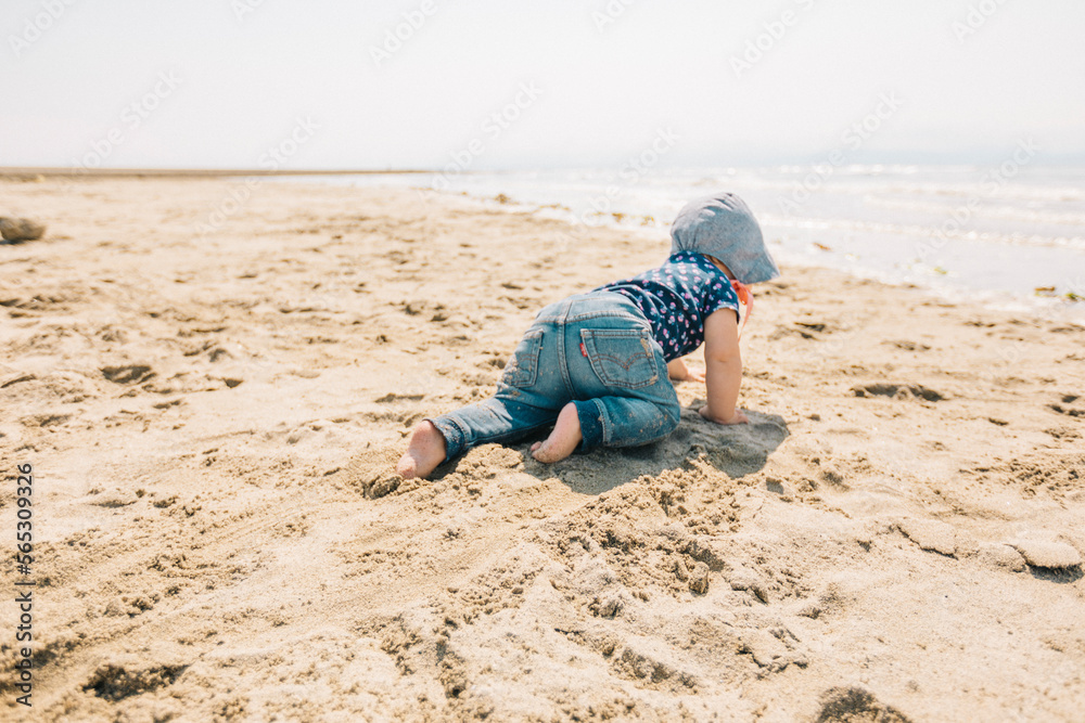 baby girl crawling on the beach baby girl crawling on the beach