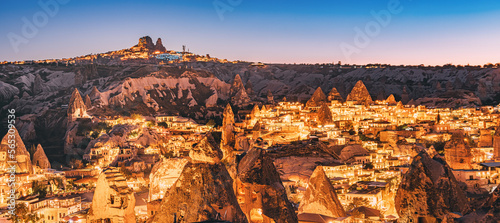 Night view of the lights of Goreme in the famous and popular tourist Cappadocia - the main attraction and business card of Turkey