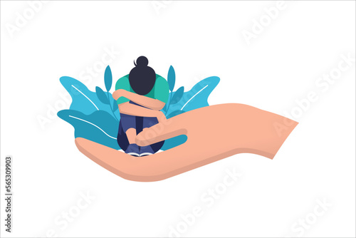 Protection for Depressed sad lonely woman in anxiety, sorrow vector cartoon illustration. Loneliness concept of depression with stressed girl sitting and holding her knees need psychotherapy
