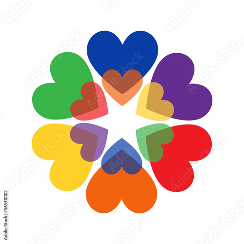 Hearts in circle, flower. Rainbow flag. Symbol of LGBT community, sexual minorities, gays and lesbians. Gay pride symbol. LGBT logo. Vector illustration.