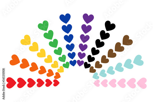 Rainbow made of hearts. LGBT flag, white plain background. Semi-circle. Vector illustration.