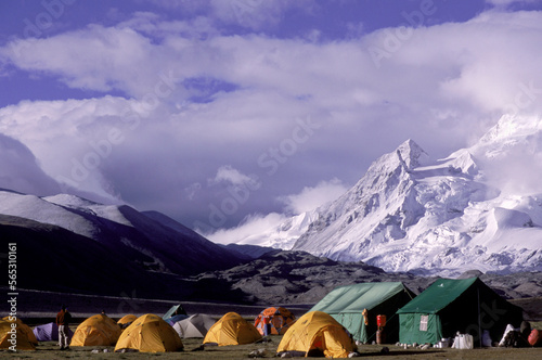 Tents and Cho Oyu seen from a Chinese Basecamp, Tibet. photo