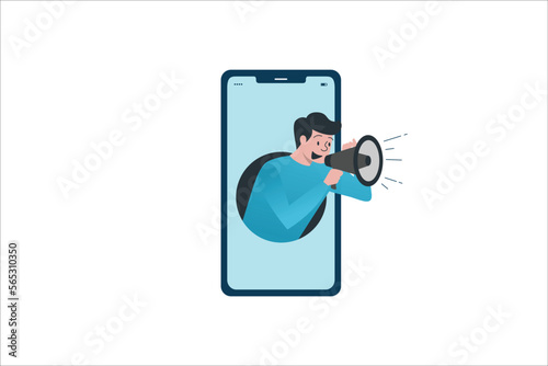 Business concept illustration of a businessman holding a megaphone coming through from smart phone. Digital marketing, communication, advertisement concept