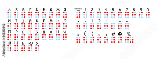 Cyrillic Braille alphabet flat illustration for any purposes. Braille abc with letters, numbers and punctuation.