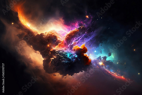 Artistic painting  vision of colorful cosmos full of stars and piercing light. Background with galaxy and nebula. Cloudy clouds. Backdrop for your desktop or wallpaper. Graphic design illustration. 