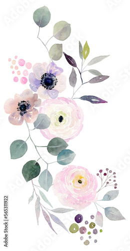 Cold toned delicate flowers - anemones  ranunculus  eucalyptus and twigs. Watercolor arrangements clipart. Hand drawn floral illustration. Perfect for print and screen  invitation or greeting card.