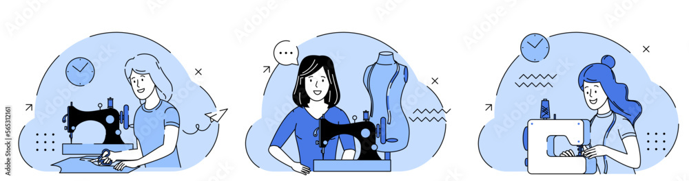 A woman seamstress works on a sewing machine. Female fashion designer at her workplace. Seamstress sewing on an industrial sewing machine. Fashion and tailoring concept. Set of Vector illustrations A woman seamstress works on a sewing machine. Female fashion designer at her workplace. Seamstress sewing on an industrial sewing machine. Fashion and tailoring concept. Set of Vector illustrations
