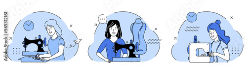 A woman seamstress works on a sewing machine. Female fashion designer at her workplace. Seamstress sewing on an industrial sewing machine. Fashion and tailoring concept. Set of Vector illustrations