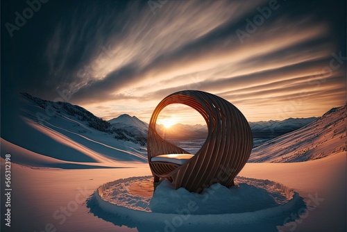 a designer wooden chair on the snow in the middle of a winter mountain landscape